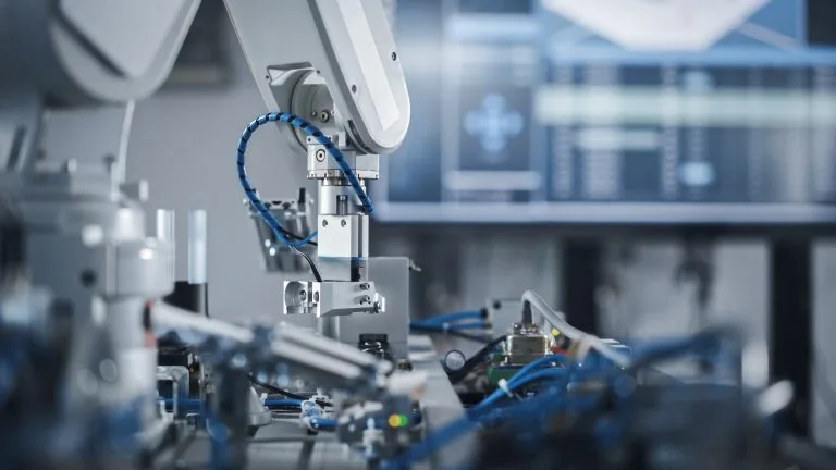 Robotics,Industry,Four,Engineering,Facility,Robot,Arm,Moving,At,Different