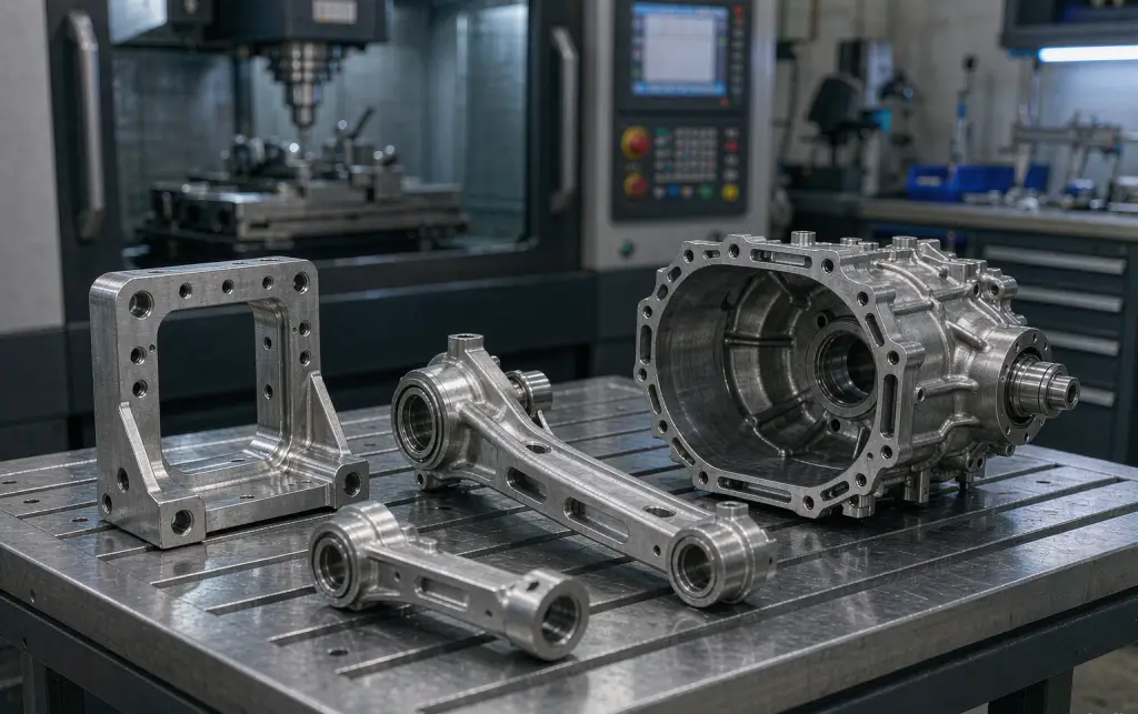CNC machined aluminum automotive prototype parts: brackets, gearbox housing and suspension components