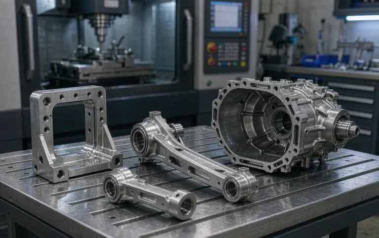 CNC machined aluminum automotive prototype parts: brackets, gearbox housing and suspension components