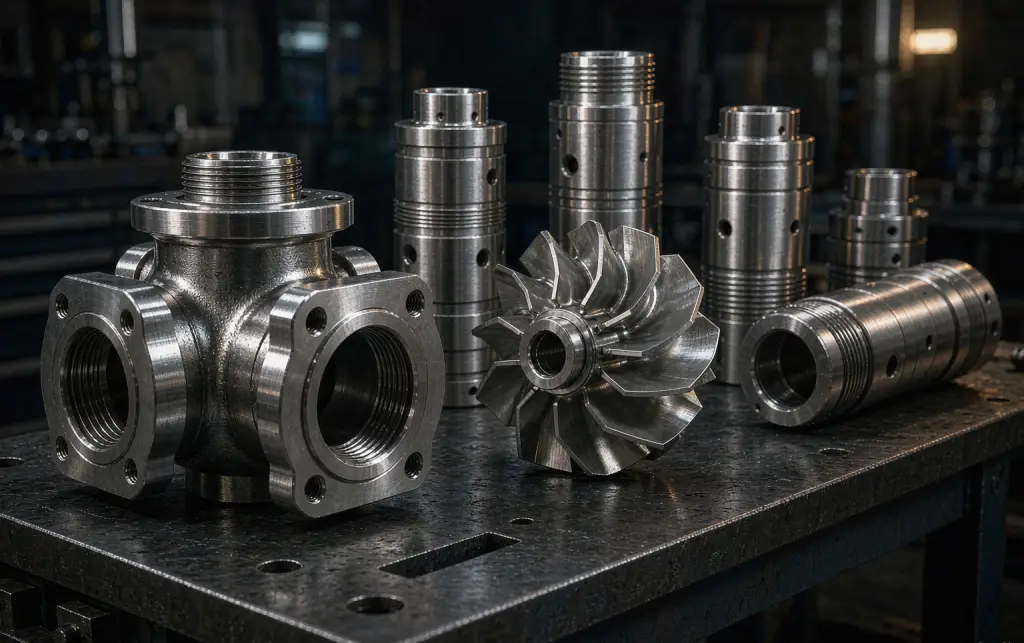 Machined oil and gas components including stainless steel valve body, pump impeller and downhole tool housings